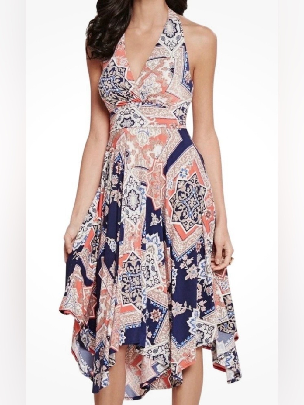 Soma Handkerchief Hem Navy and Coral Patchwork Halter Midi Dress